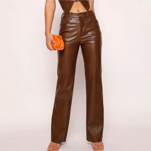 Tiger Mist Brown Faux Leather Straight Leg Pants